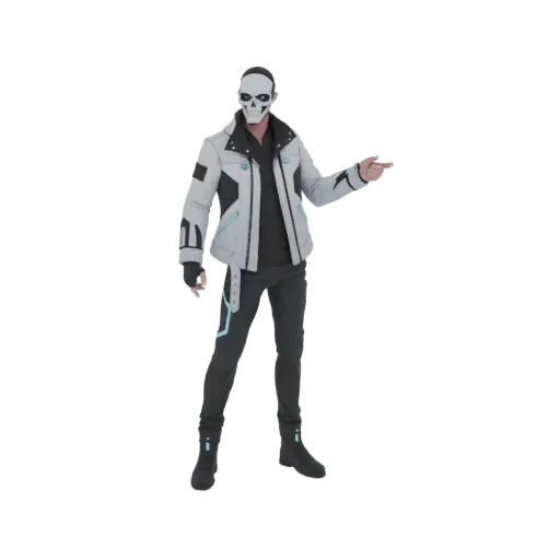 3D model of a sci-fi character with a skull mask, wearing a futuristic white and grey jacket with blue accents, and pointing