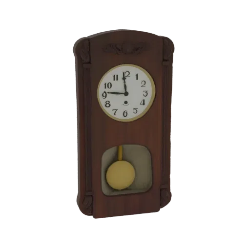 3D model of a vintage wooden pendulum wall clock with Roman numerals and a swinging pendulum.