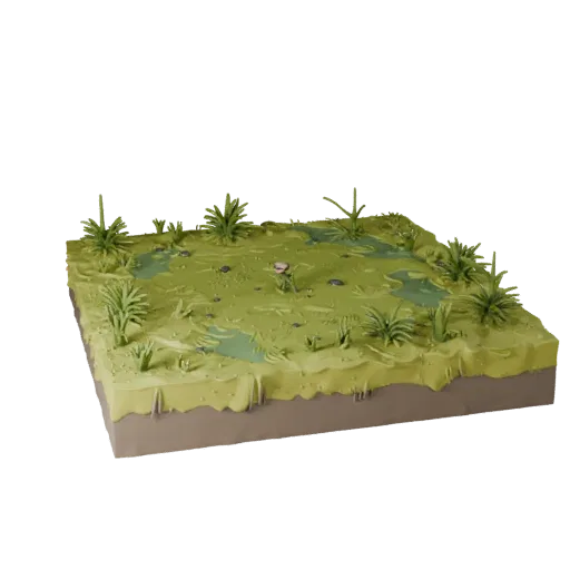 Swamp Ambush Base Stylized 3D model, stylized isometric environment render, showing sculpted terrain, mud shelves.