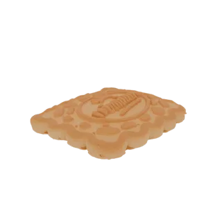 A 3D render of a square biscuit with a detailed embossed pattern, set against a white background.