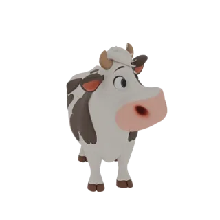 Un rendering 3D di una mucca stilizzata in stile cartone animato con macchie bianche e nere, occhi grandi e un muso rosa, su