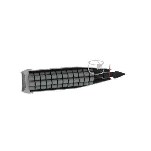 3D model of a cutaway 155mm howitzer shell, showing the internal arrangement of submunitions and explosive components.