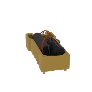3D model of an Improvised Explosive Device (IED) with visible wires and components, placed inside a yellow transport crate.