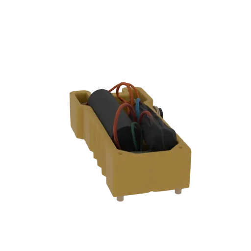3D model of an Improvised Explosive Device (IED) with visible wires and components, placed inside a yellow transport crate.