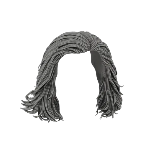 3D model of a long, wavy wig with flowing grey hair, presented on a white background.