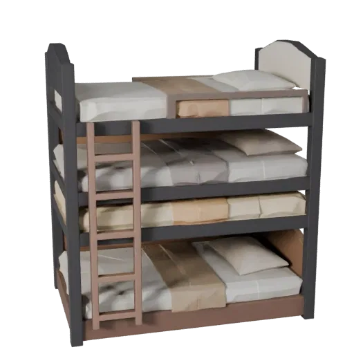 Gepolstertes Etagenbett Low Poly 3D-Modell, Schlafzimmer, Spiel-Viewport-Dreiviertelansicht, Stoffdetails.