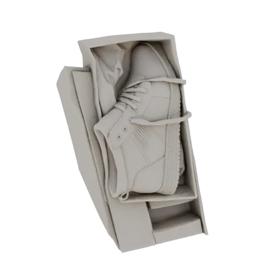 3D model of a high-top sneaker presented in its white retail packaging, viewed from a top-down angle.