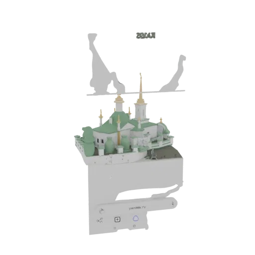 Modelo 3D de una ornamentada iglesia ortodoxa rusa con cúpulas verdes y agujas doradas, presentado sobre una base de diorama.