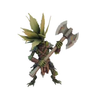 3D-Modell eines Fantasy-Kriegers mit einem Kopf aus Cannabisblättern, natürlicher Rüstung und einer zweischneidigen Axt.