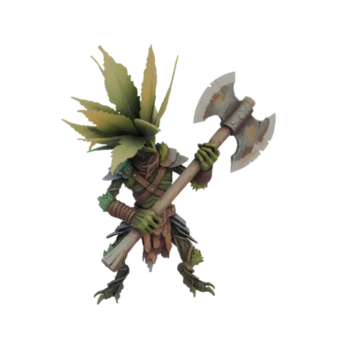 3D model of a fantasy warrior with a head of cannabis leaves, wearing natural armor and wielding a double-bladed axe.