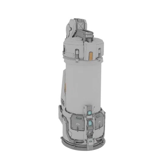 3D model of a futuristic white and grey medical syringe with glowing blue indicators and a complex mechanical top.