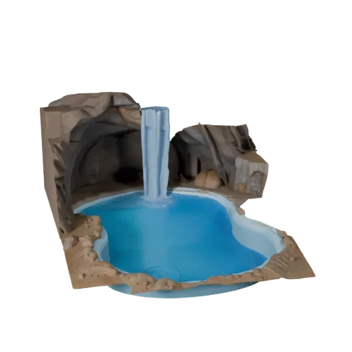 Cave Waterfall Pool Unity 3D model, isometric viewport view, showing wet stone, water edges.