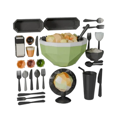 Banquet Salad Bowl Set Low Poly 3D model, game viewport three-quarter view, showing ceramic, arranged serving layout.
