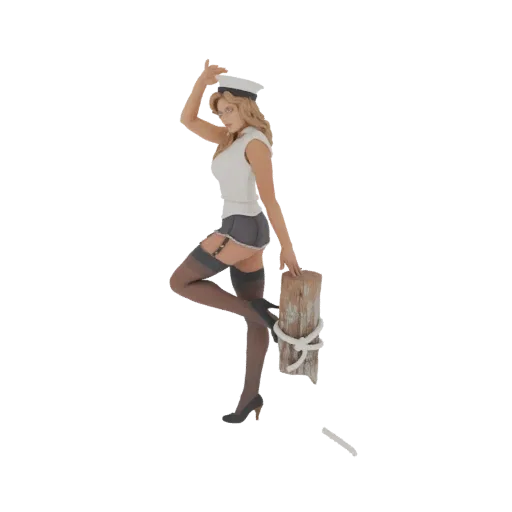 3D-Modell einer Pin-up-Sailor in weißem Top und grauen Shorts, mit Matrosenhut und Strümpfen, die mit einem Holzpfahl posiert