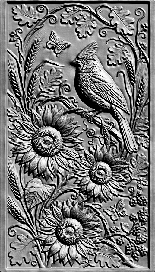 Modèle 3D bas-relief d'un cardinal perché sur une branche parmi des tournesols, du blé et des papillons.
