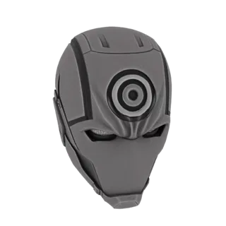 A 3D render of a futuristic helmet with a gray finish and a prominent target emblem on the front.