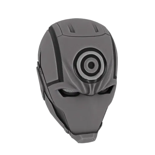 A 3D render of a futuristic helmet with a gray finish and a prominent target emblem on the front.