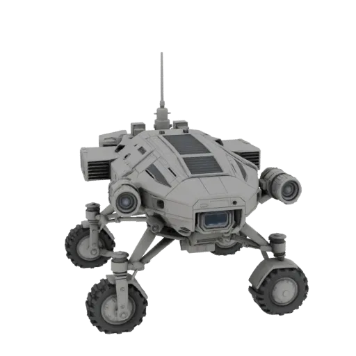 Lunar Drone Scout Printable 3D model, isometric STL render, showing dusty wheels, vehicle stance.