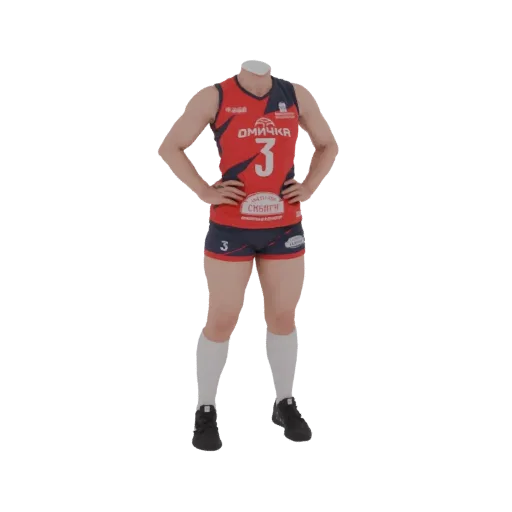 3D model of a volleyball player's red jersey with number 3 and blue shorts, presented on a black background.