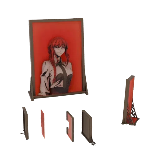 Modelo 3D de Makima de Chainsaw Man, representado en estilo retrato dentro de un marco rojo.