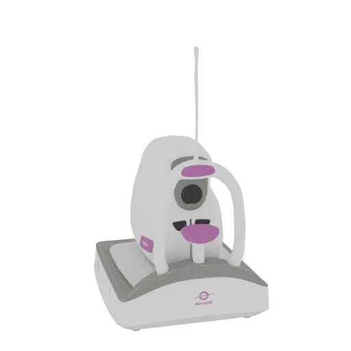 3D model of a compact white and purple ophthalmic instrument with a sleek design, presented on a black background.