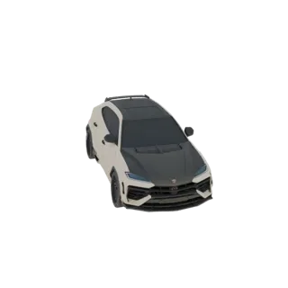 Modelo 3D de um SUV agressivo branco e preto com grade escura e janelas fumê, visto de um ângulo de três quartos.