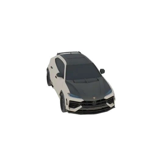 Modelo 3D de un SUV agresivo blanco y negro con parrilla oscura y ventanas tintadas, visto desde un ángulo de tres cuartos.