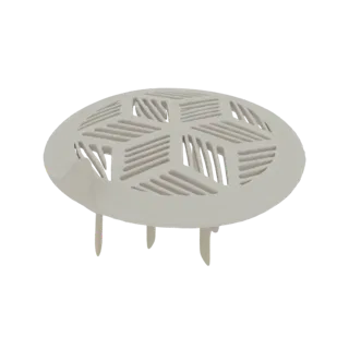 Modello 3D di un copri scarico geometrico moderno color beige chiaro con superficie a fantasia e tre piedini di supporto.