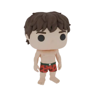 Modelo 3D de un joven con bañador rojo estampado, al estilo figura Funko Pop con cabello castaño y expresión alegre.