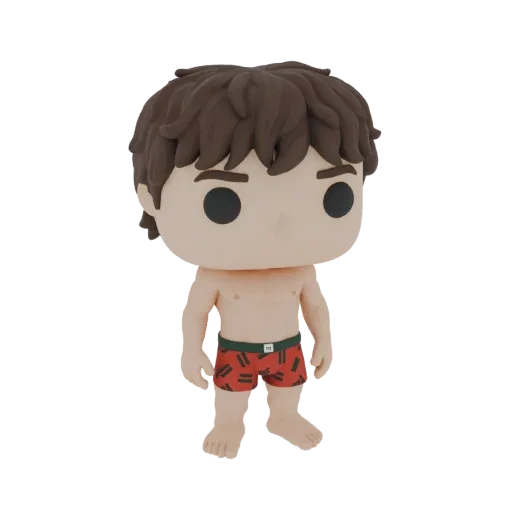 3D model of a young man in red patterned swim trunks, styled as a Funko Pop figure with brown hair and a cheerful expression.