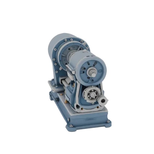 Modèle 3D de tour industriel bleu, vue de côté, mettant l'accent sur les détails du mécanisme