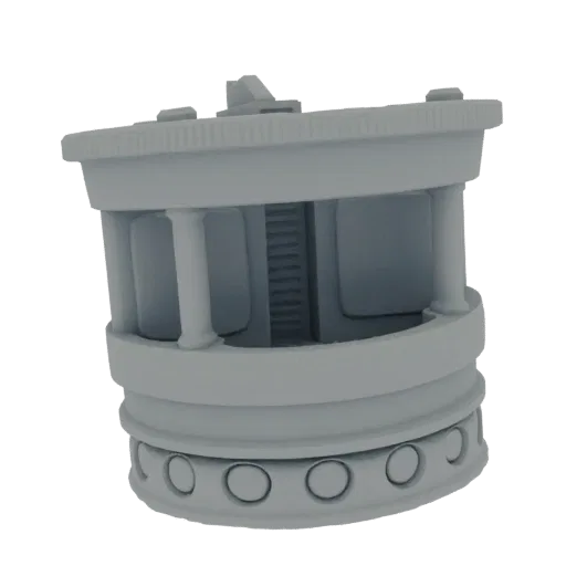 3D model render of a classical rotunda building with columns, a decorative base, and an internal staircase, presented on a wh