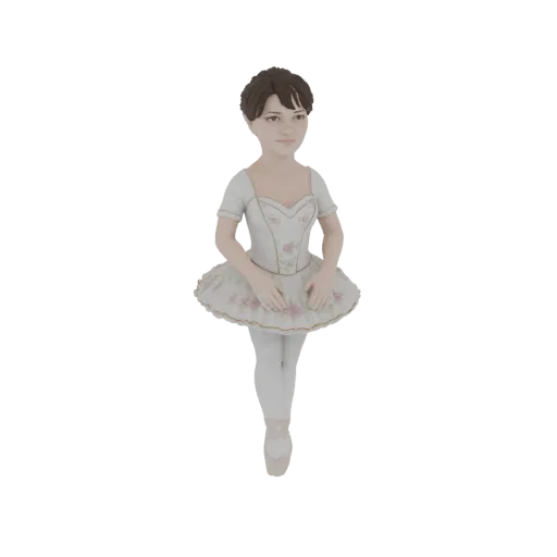 3D model of a young ballerina in a white tutu with pink floral accents, standing on pointe.