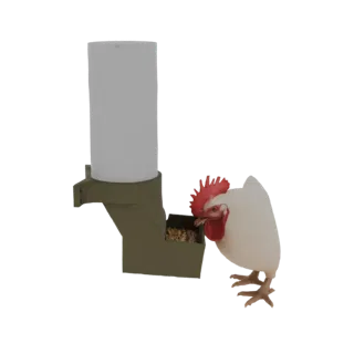 3D model of a white rooster with a red comb eating from a green hopper feeder filled with feed.