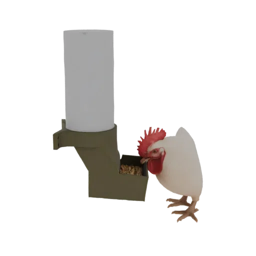 3D model of a white rooster with a red comb eating from a green hopper feeder filled with feed.