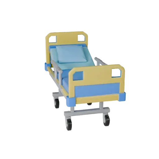 Modèle 3D low poly de lit d'hôpital de clinique, vue trois-quarts du moteur de jeu, montrant le métal peint, la silhouette cl