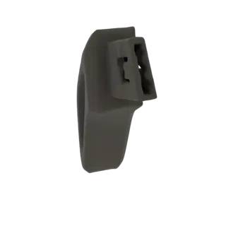 Uma renderização 3D de um fecho de pulseira de relógio moderno, cinza escuro, com um elegante mecanismo de intertravamento.