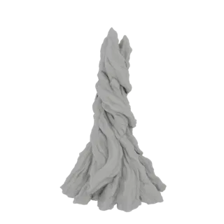 Un rendu 3D d'une haute flèche rocheuse grise et tordue avec une surface rugueuse et texturée et des pics dentelés, sur fond