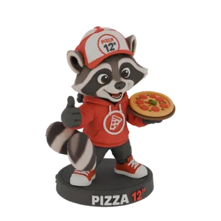 3D-Modell eines Cartoon-Waschbär-Maskottchens mit Lieferkappe und Hoodie, das eine Pizza hält und Daumen hoch gibt.