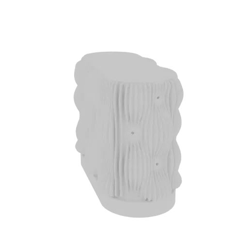 Un rendu 3D d'un tabouret gris clair avec une base présentant un design proéminent de colonne texturée et ondulée et un dessu