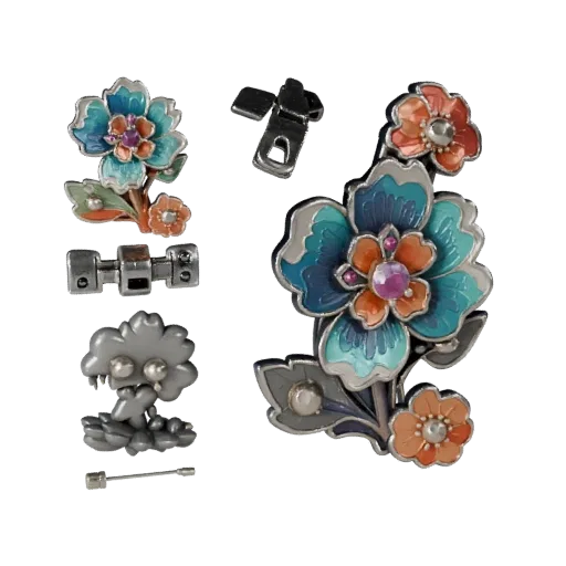 Floral Lapel Pin game ready 3D model, three-quarter studio render, with calibrated brooch silhouette and material reads.