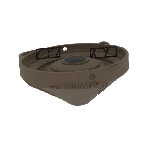 3D model of a tan conical housing with internal dark brown brackets and a central dark circular recess.