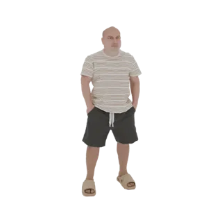 Modelo 3D de un hombre calvo con camiseta de rayas y pantalones cortos oscuros, de pie con las manos en los bolsillos, sobre