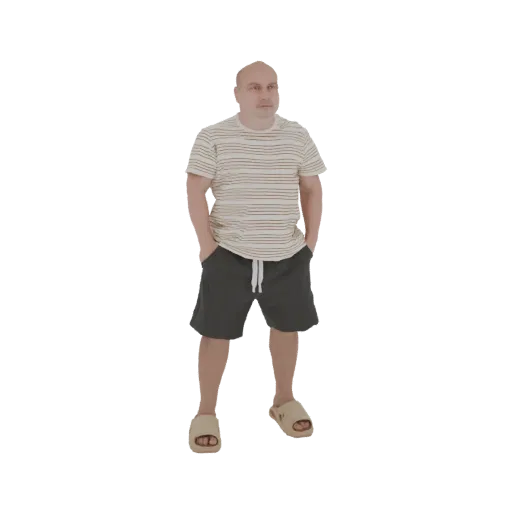 3D model of a bald man wearing a striped t-shirt and dark shorts, standing with hands in pockets, against a white background.