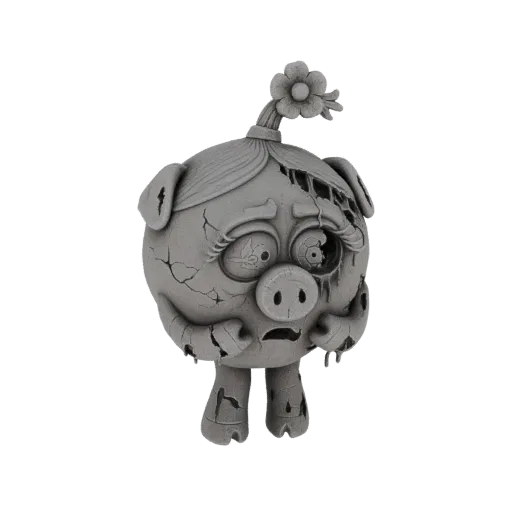 3D model of a cracked piggy toy with a flower on its head, rendered in grayscale.