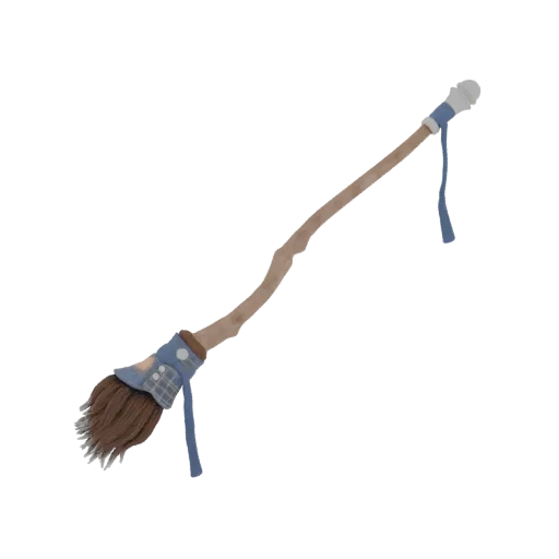 3D render of a fantasy broomstick with a rustic wooden handle, brown bristles, and decorative blue fabric wraps with plaid pa