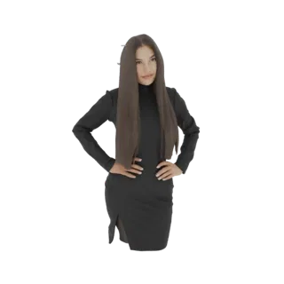 Modelo 3D de mujer con cabello largo y oscuro, vestida con un vestido negro de cuello alto y posando con las manos en las cad