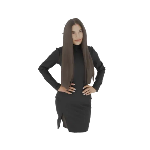 Modelo 3D de mujer con cabello largo y oscuro, vestida con un vestido negro de cuello alto y posando con las manos en las cad