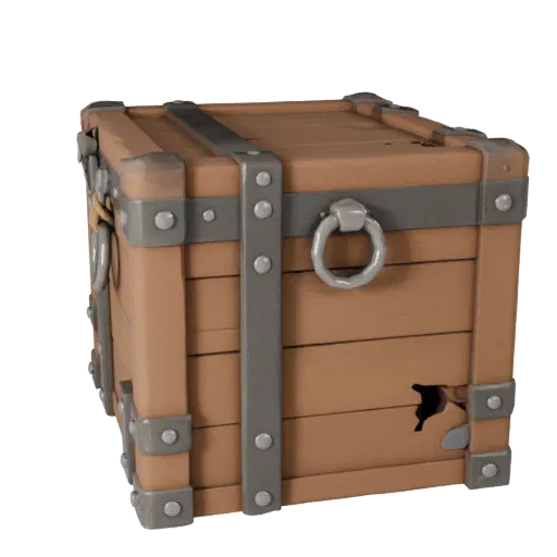 Pirate Crate Low Poly 3D model, game viewport three-quarter view, showing wood planks, stackable massing.