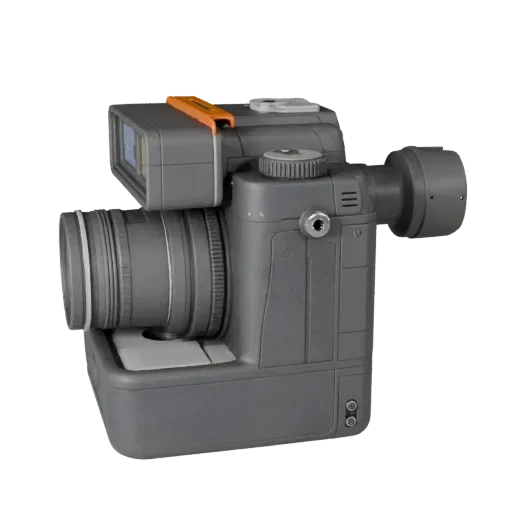 Mirrorless Instant Camera Stylized 3D model, stylized isometric render, showing textured grips, lens barrels.